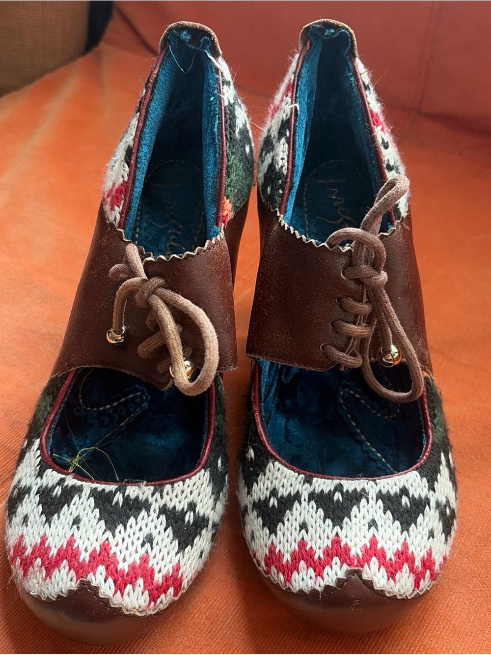 Irregular Choice Brown Leather & Multi-Color Knit Lace-Up Heels